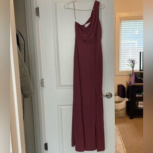 Wine one shoulder floor length dress with slit